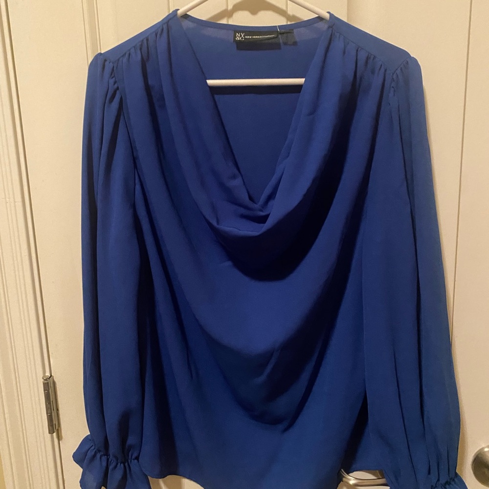 New York & Company Cowl Neck Long Sleeve Blouse in Royal Blue-Size L